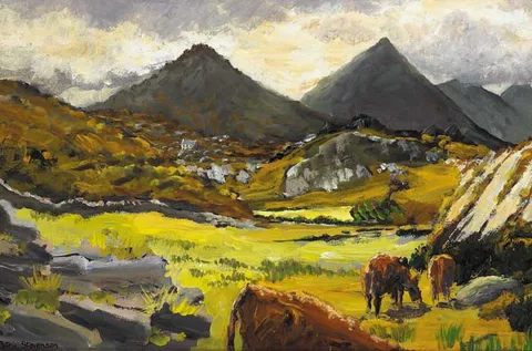 Patric Stevenson, CATTLE GRAZING IN THE MOURNES, oil on board