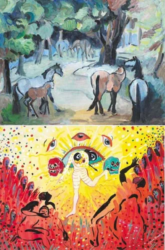 HORSES IN A WOOD and DEATH IN THE SUN (A PAIR) by Sylvia Margaret Phillips, oil on board, sold Dec 2007