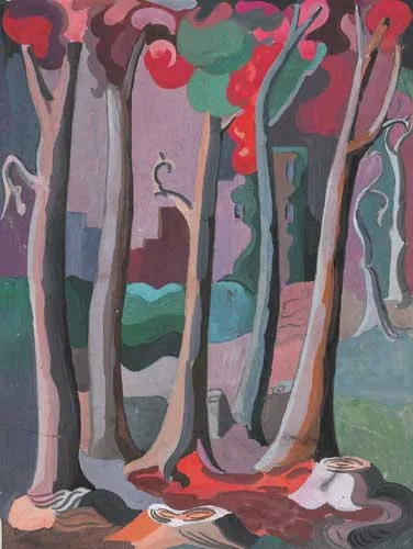 TREES IN A LANDSCAPE by Sylvia Margaret Phillips, gouache on board, sold Dec 2007