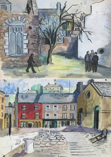 FIGURES OUTSIDE A RUINED CHURCH and FISHING VILLAGE IN WEST CORK (A PAIR) by Sylvia Margaret Phillips, watercolour and gouache on paper, offered Dec 2007