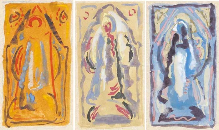 THREE STUDIES FOR THE MADONNA ENTHRONED by Mainie Jellett, gouache on tracing paper; three works framed as one, sold Dec 2007