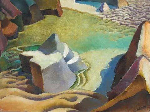 Olive Henry, ROCKY SEASHORE, oil on board