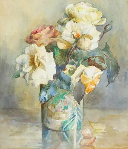 Moyra Barry, YELLOW ROSES IN VASE WITH CHINESE FIGURES, watercolour