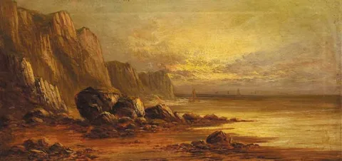 Sydney Yates Johnson, COASTAL CLIFFS WITH BOATS OFF-SHORE, oil on canvas