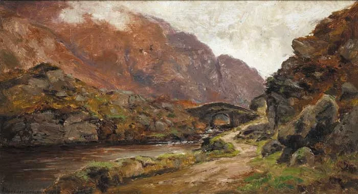 MOUNTAIN STREAM WITH BRIDGE by Alexander Williams, oil on board, offered Dec 2007
