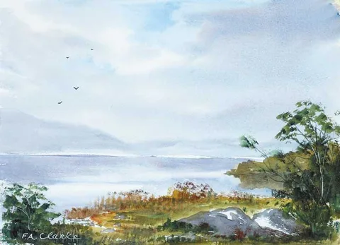 Frank Clarke, MIST ON THE LAKE, 1982, watercolour on paper