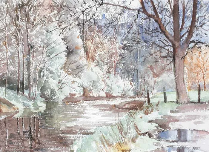 RIVER DODDER AT DARTRY by Tom Nisbet, watercolour, sold Dec 2007