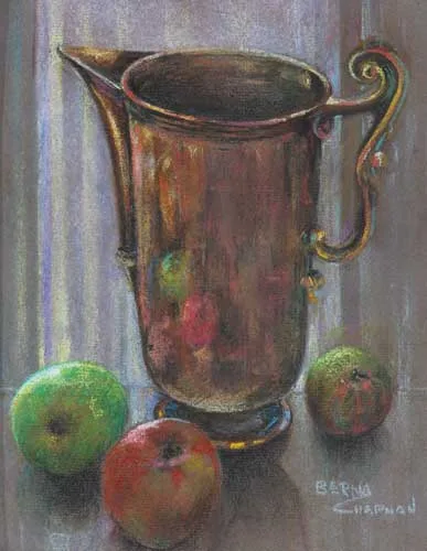Berna Chapman, COPPER JUG AND APPLES, pastel on tinted paper