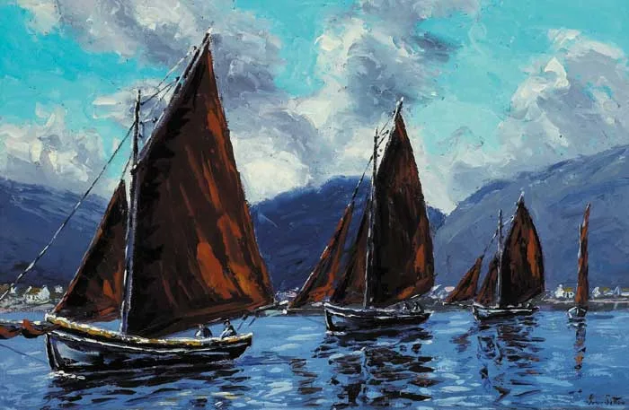 GALWAY HOOKERS IN KILLARY HARBOUR, COUNTY GALWAY by Ivan Sutton, oil on board, sold Dec 2007