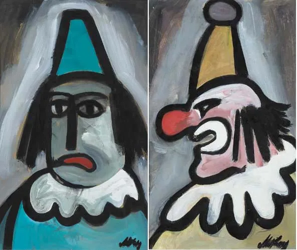 CLOWNS (A PAIR) by Markey Robinson, gouache on board, sold Dec 2007