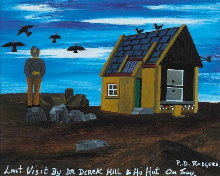 Patsy Dan Rodgers, LAST VISIT BY DR DEREK HILL TO HIS HUT ON TORY, 2003, oil on canvas board