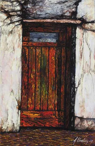 LITTLE RED DOOR by John Verling, 2002, egg tempera on board, offered Dec 2007