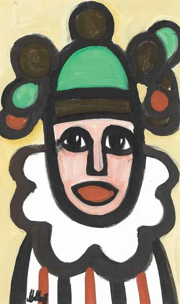 CLOWN by Markey Robinson, gouache with gold paint, sold Dec 2007