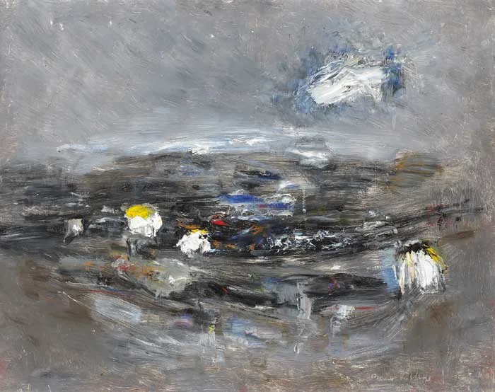 COTTAGES IN THE BOG by Patrick Collins, 1961, oil on board, sold Apr 2008