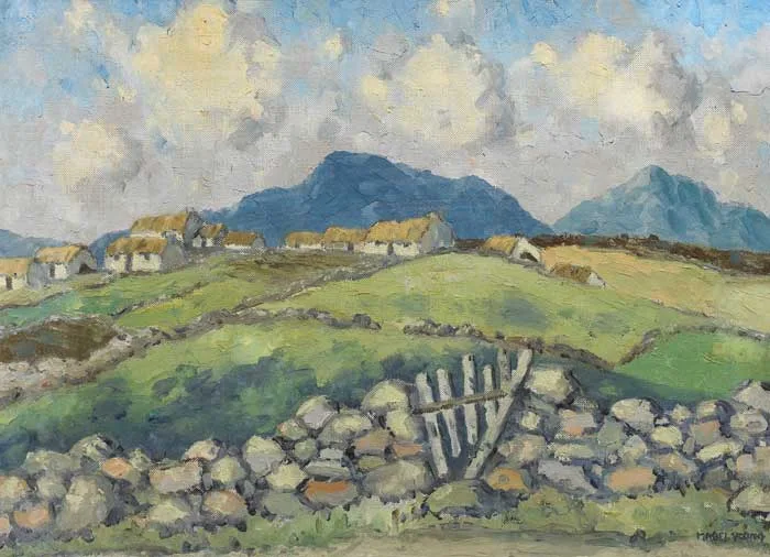 Mabel Young, WEST OF IRELAND LANDSCAPE WITH STONE WALLS AND GATE AND VILLAGE BEYOND, oil on canvas