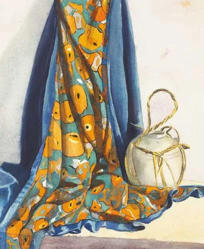 STILL LIFE WITH ORANGE-PATTERN CLOTH by John Luke, watercolour over pencil, sold Apr 2008