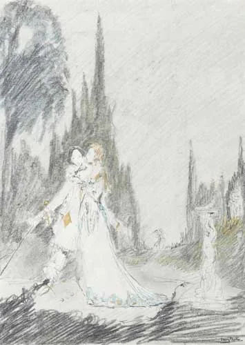 Harry Clarke, AN ELEGANT COUPLE IN A GARDEN, pencil with wash and touches of gold paint on paper