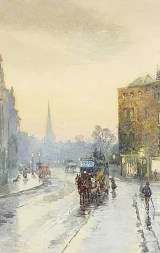 Rose Maynard Barton, CATCHING THE TRAM IN NASSAU STREET, DUBLIN, watercolour heightened with bodycolout