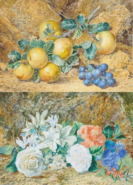 Thomas Frederick Collier, STILL LIFE WITH ROSE AND LILY, 1876 and APPLES AND ORANGES, 1879 (A PAIR), watercolour