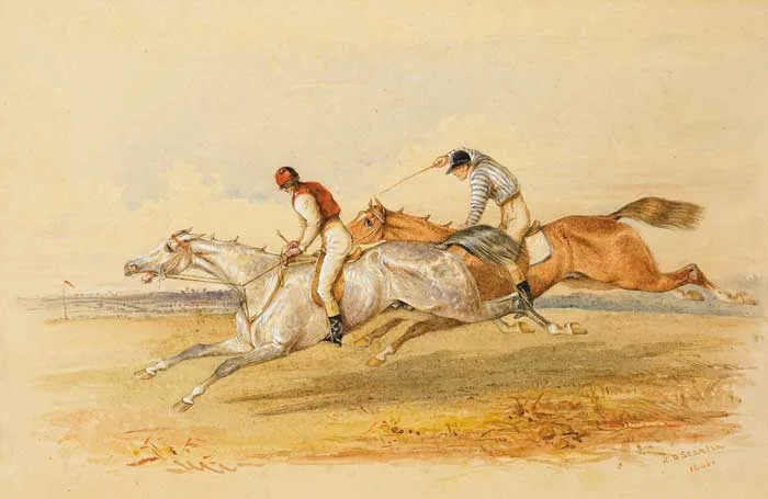 THE CADGER BEATING ROBIN HOOD by Robert Richard Scanlan, 1846, watercolour, with pen and ink, heightened with white, offered Apr 2008