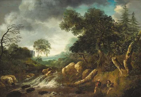 William Sadler II, LANDSCAPE AND RIVER SCENE WITH EEL FISHERS, oil on panel