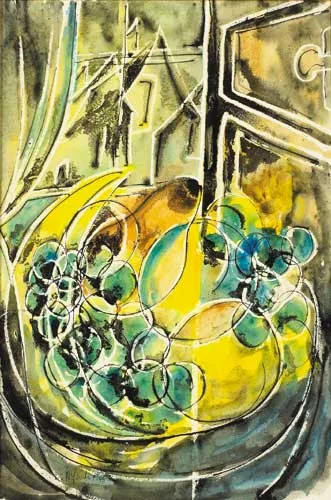 Anne Yeats, STILL LIFE WITH FRUIT BEFORE A WINDOW, 1946, watercolour with wax crayon, pen and ink