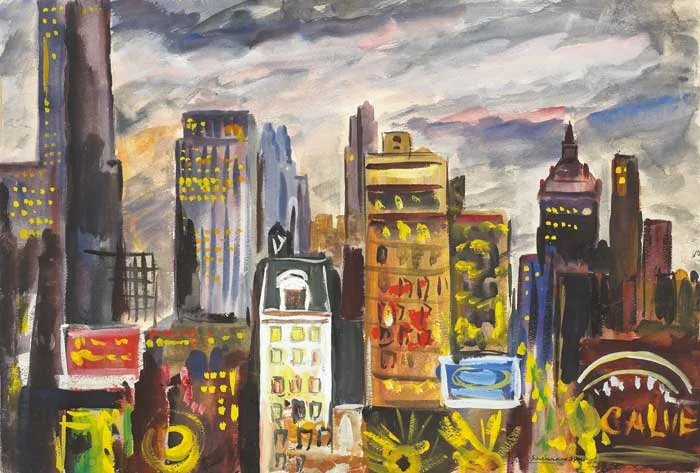 NEW YORK SKYLINE by Norah McGuinness, 1939, gouache on card, offered Feb 2008