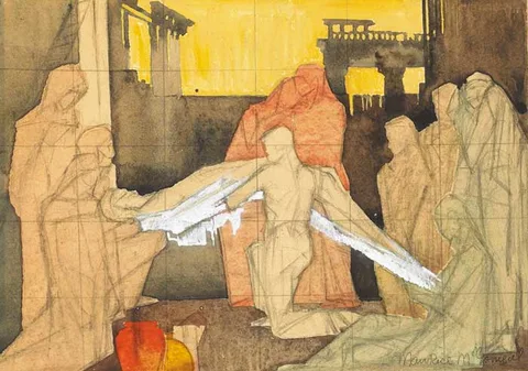 Maurice MacGonigal, ENTOMBMENT, pencil and wash heightened with white on paper laid on card