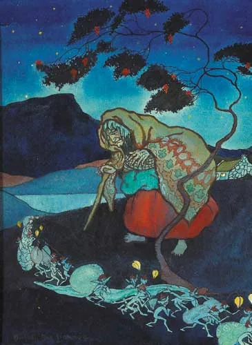 Mícheál MacLíammóir, AN OLD WOMAN BEHOLDS A FAIRY PARADE AT NIGHT, watercolour with pen and ink