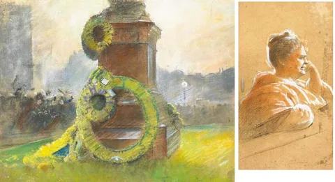 WAR MEMORIAL WITH WREATHS by Sir Robert Staples, 12th Baronet, pastel, offered Feb 2008