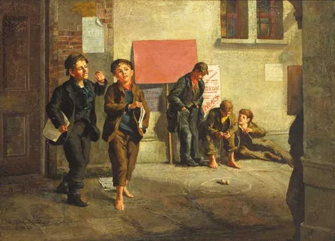 STREET SCENE WITH NEWSPAPER VENDORS AND BOYS PLAYING A GAME OF SPINNER by William Gibbes Mackenzie, 1885, oil on canvas, relined, sold Feb 2008