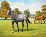 Peter Curling, A GREY MARE AND A BAY IN PASTURE BEFORE A COUNTRY HOUSE