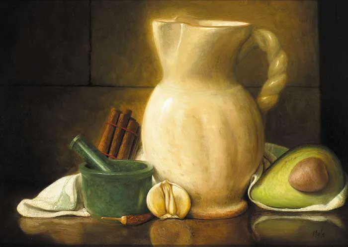 STILL LIFE WITH EARTHENWARE AND AVOCADO by Stuart Morle, oil on board, sold Feb 2008