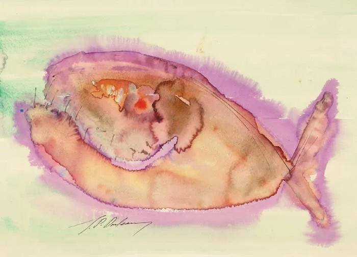 HAPPY FISH by J.P. Donleavy, watercolour with pen and ink, sold May 2007
