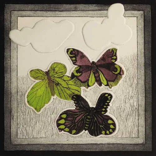 Susan E. Jameson, THREE BUTTERFLIES, 1971, colour mezzotint with embossing (no. 61 from an edition of 7