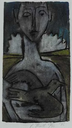 Percy Hall, BOY WITH BIRD, 1975, colour etching (no. 19 from an edition of 30)