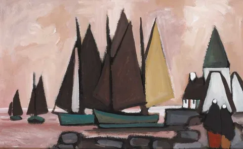 Markey Robinson, GALWAY HOOKERS BY A QUAY, gouache on board