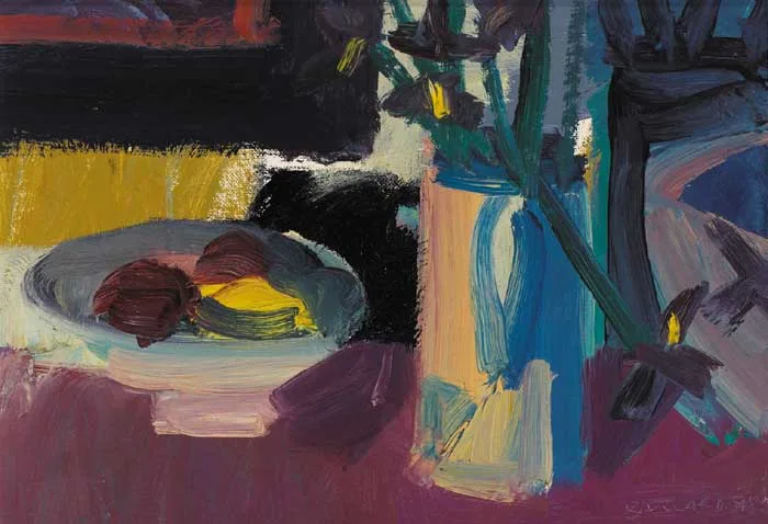 IRISES AND FRUIT by Brian Ballard, 1998, oil on canvas board, offered May 2007