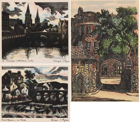 Fergus O'Ryan, ST FINBARR'S CATHEDRAL, COUNTY CORK and ENNISTYMON, COUNTY CLARE (A PAIR), scraperboard prints with hand colouring