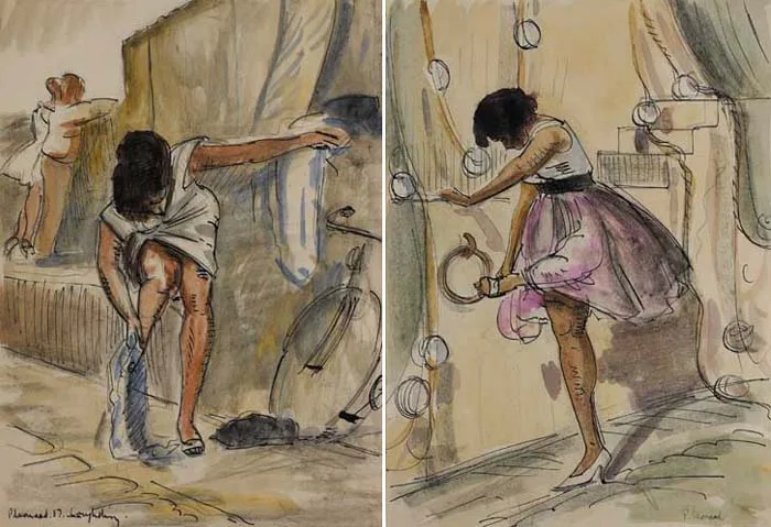 Patrick Leonard, AFTER HER SWIM, LOUGHSHINNY, 1957 and WOMAN PUTTING ON SHOE (A PAIR), watercolour, pen and ink on paper