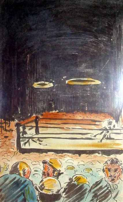 Robert Gregory, A BOXING RING, watercolour, pen and ink over pencil