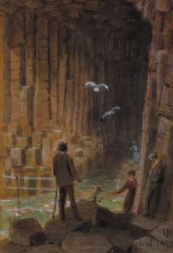 VISITORS AT THE ENTRANCE OF FINGAL'S CAVE, STAFFA by Joseph William Carey, watercolour over pencil heightened with white, offered May 2007