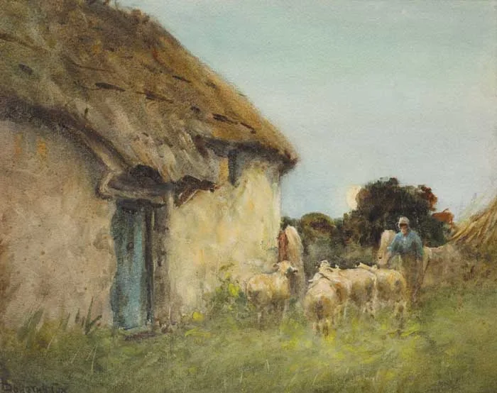 WOMAN HERDING SHEEP OUTSIDE A THATCHED CROFT by Dorothy M. Cox, watercolour, sold May 2007