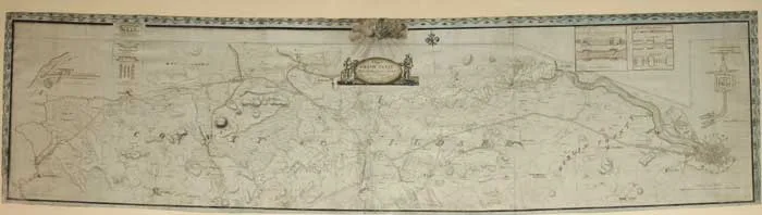 John Killaly, A MAP OF THE GRAND CANAL WITH THE COUNTRY ON EACH SIDE FROM THE CITY OF DUBLIN TO THE RIVER BARROW AT MONASTEREVIN, 1787, pen and ink with wash on paper