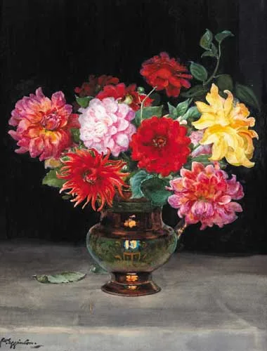 Wycliffe Egginton, CHRYSANTHEMUMS IN A LUSTREWARE JUG, watercolour