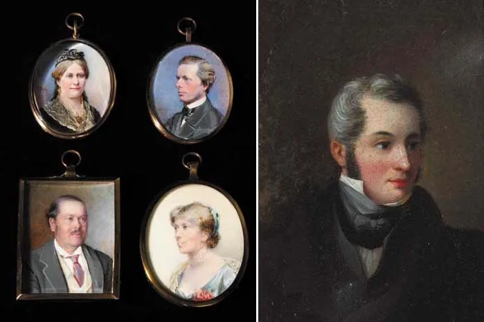 MR AND MRS WILLIAM BUTLER LANGMORE and MR AND MRS EDWARD ELLIS (SET OF FOUR MINIATURES) by Carlotta Nowlan, watercolour on ivory; three oval shaped, one rectangular, sold May 2007