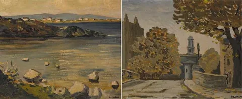 Peadar Lamb, HUBAND BRIDGE LOOKING TOWARDS THE PEPPERCANISTER CHURCH, DUBLIN and COASTAL SCENE NEAR CARRAROE (A PAIR), oil on board
