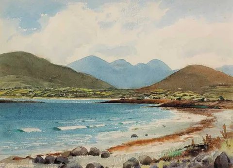 Henry Echlin Neill, MOURNE MOUNTAINS FROM GREENCASTLE AT CARLINGFORD LOUGH, 1955, watercolour