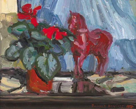 Philippa Bayliss, STILL LIFE WITH CYCLAMEN AND RED CHINA HORSE, 1995, oil on board