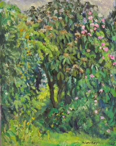 Philippa Bayliss, VIBERNUM AND SHRUB ROSE, THE GARDEN, ARDOUGH, JUNE 1996, oil on board